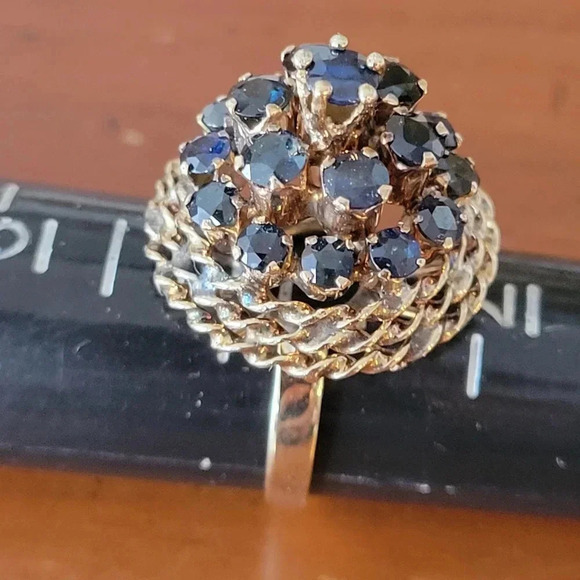 VINTAGE 14K YELLOW GOLD HAND MADE NATURAL SAPPHIRE RING BASKET DESIGN SIZE 7 3/4 - Picture 8 of 14